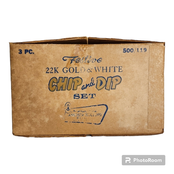 Vintage Anchor Hocking Festive Pattern 22k Gold/White Chip & Dip Set MCM - Picture 11 of 15